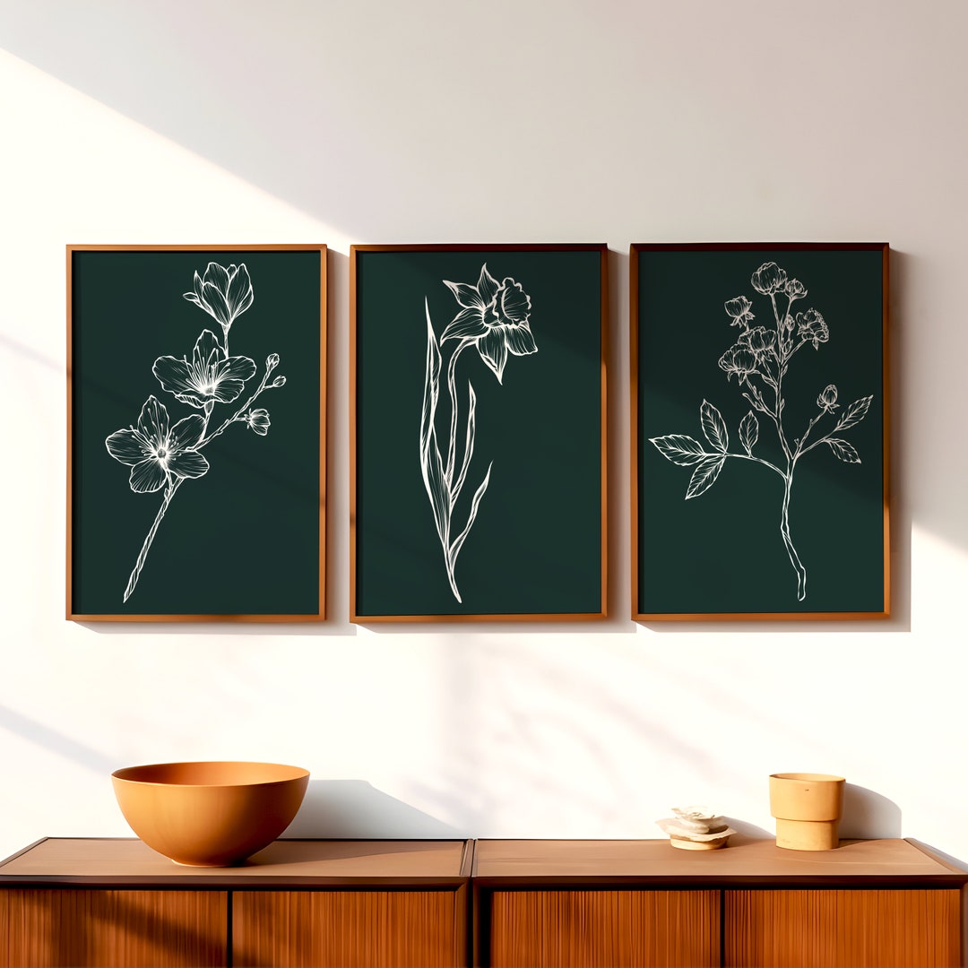 Set of 3 Minimalist Floral Prints | Emerald Green Teal Art | Gallery ...