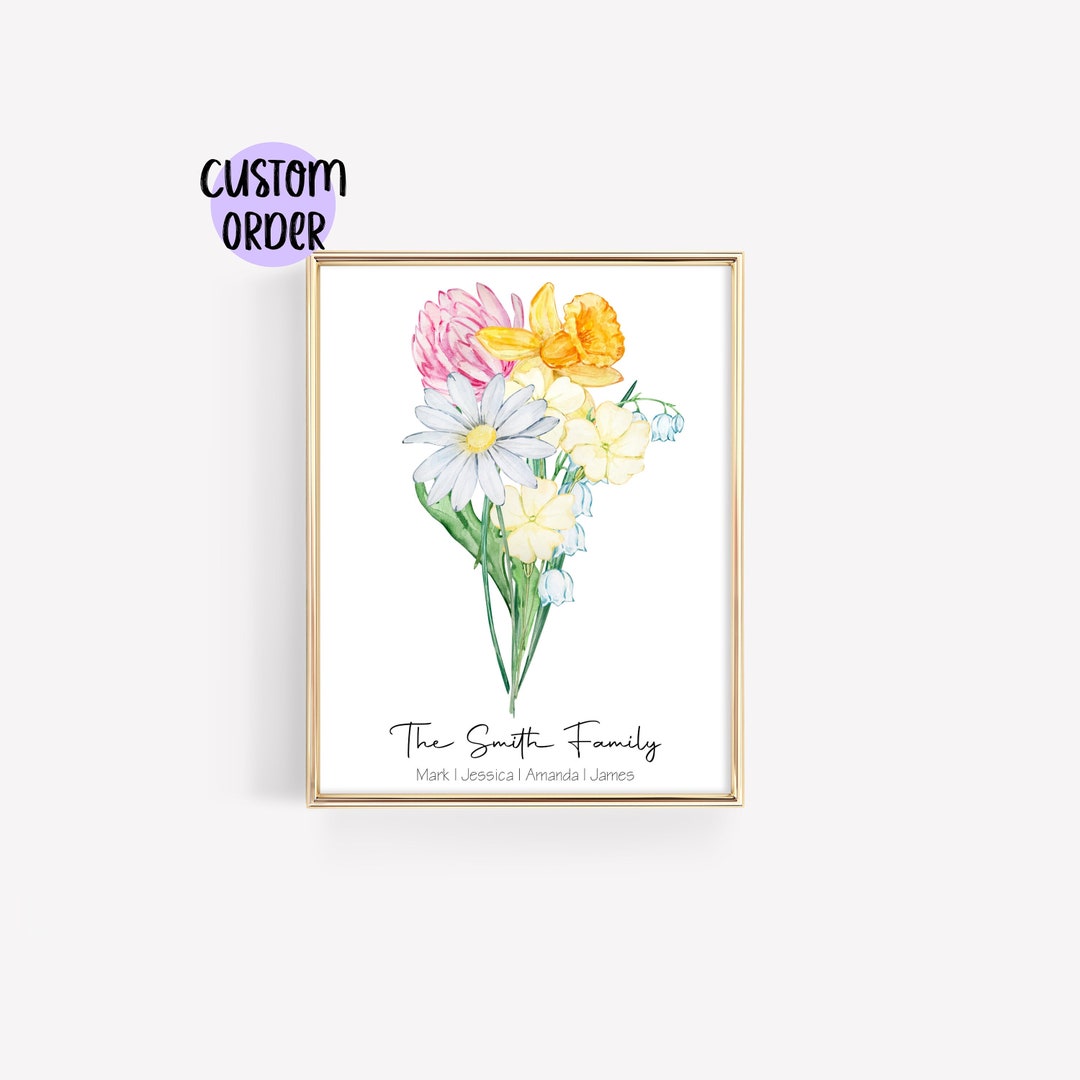 Family Flower Bouquet Art Birth Month Flower Print CUSTOM Personalized Gift Digital Download Etsy