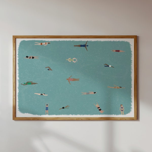 Tiny People Swimming in Pool Art | Swimming Pool Print | Summer Wall Poster | Minimalist Water Art | Physical Print Option