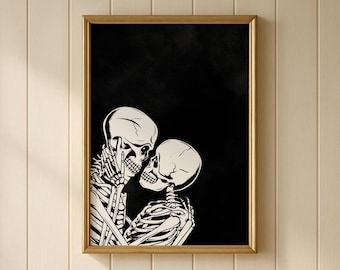 Stampa di coppia di scheletri / Regalo gotico per novelli sposi / Quadro da parete con sposi scheletrici / Decorazione nuziale alternativa, dark romance, download digitale