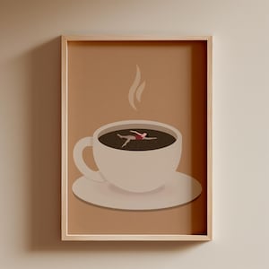 Girl Floating in Coffee Art Tiny People Swimming Art Gift for Swimmer Coffee Lover Minimalist Print Cute Coffee House Decor Digital Download