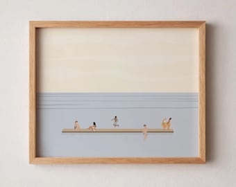 Tiny People Swimming in Lake Art | Summer Lake People Print | Minimalist Beach House Art | Pool House Decor | Digital Download Printable Art