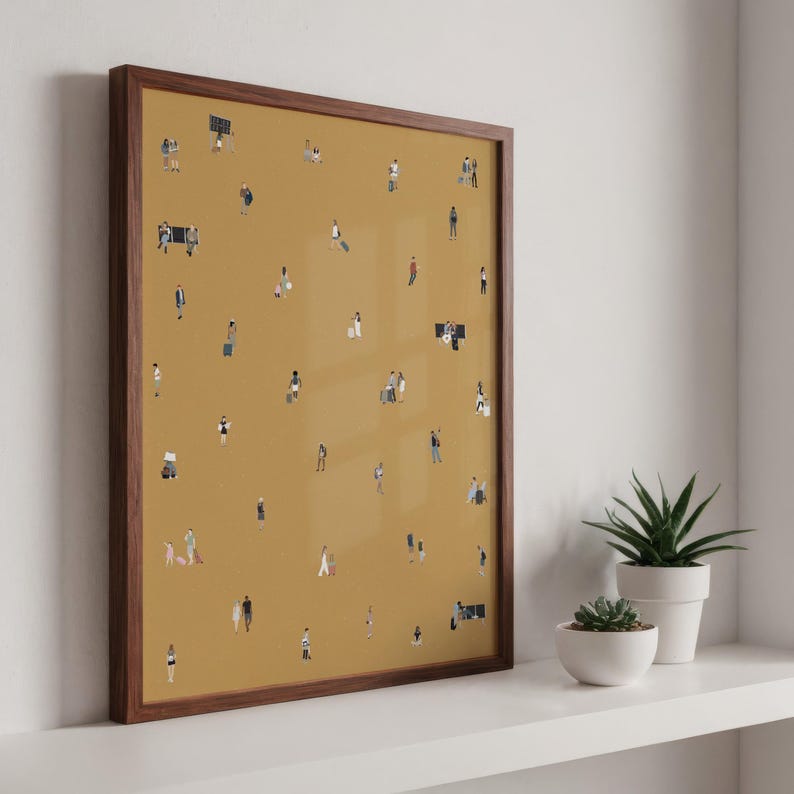 May include: A framed art print featuring a mustard-colored background with numerous tiny figures. The figures are depicted in various poses, suggesting a crowd or gathering. The frame is a dark brown wood, and the artwork is displayed on a white shelf with potted plants.