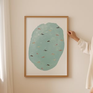 Swimming in Watercolor Art | Tiny People Swimming Pool Print | Summer Poster | Beach House Decor | Minimalist Wall Art | Digital Download