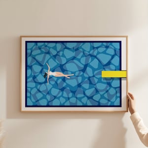 Woman Floating in Pool Art | Swimming Pool Print | Summer Poster | Horizontal Art | Digital Download | Printable Wall Art