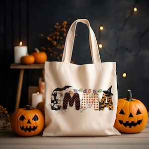 Custom Halloween Canvas Tote Bag | Personalized Trick-Or-Treat Bag | School Halloween Kids Gift | Toddler Goodie Food Basket Bag Monogrammed