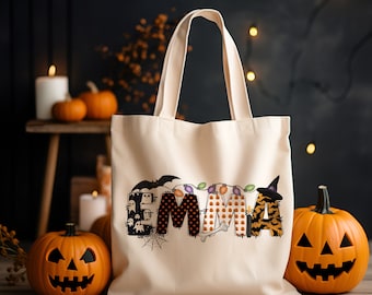 Custom Halloween Canvas Tote Bag | Personalized Trick-Or-Treat Bag | School Halloween Kids Gift | Toddler Goodie Food Basket Bag Monogrammed
