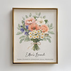 Op de afbeelding: Een ingelijste aquarelprint met een boeket bloemen in perzik-, roze-, witte en paarse tinten. Het boeket is vastgebonden met touw en bevat de tekst "Ellen's Bunch" en namen eronder. De lijst is goudkleurig.