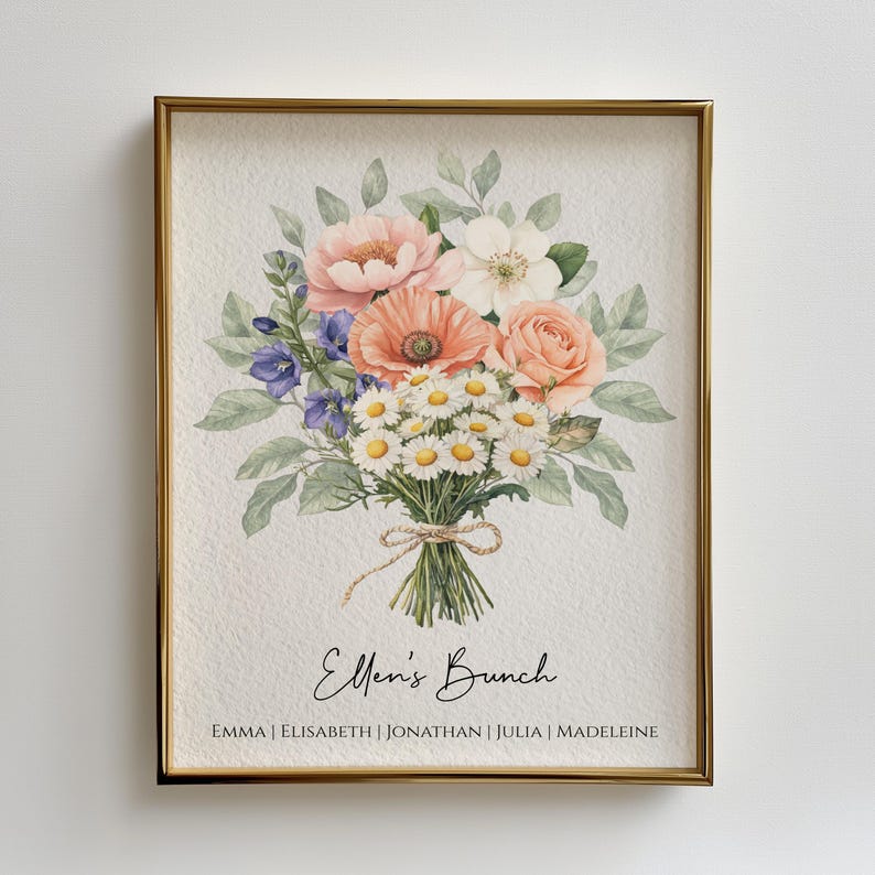 Op de afbeelding: Een ingelijste aquarelprint met een boeket bloemen in perzik-, roze-, witte en paarse tinten. Het boeket is vastgebonden met touw en bevat de tekst "Ellen's Bunch" en namen eronder. De lijst is goudkleurig.