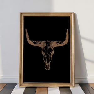 Longhorn-stier-schedelprint | Cowboydecoratie | Zuidwestelijke woestijnkunst | Landschap Woestijnhuisdecoratie | Digitale download | Afdrukbare muurkunst