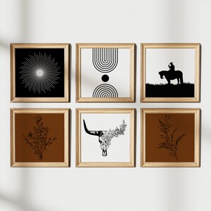 May include: Set of six framed prints with a western theme. The prints feature a sunburst, geometric shapes, a cowboy riding a horse, a skull with flowers, and two floral designs. The frames are a light wood colour.