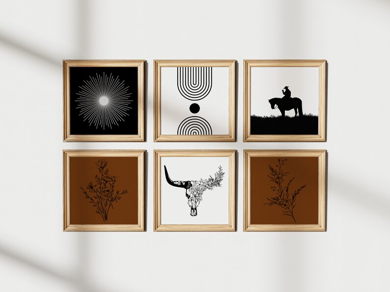 May include: Set of six framed prints with a western theme. The prints feature a sunburst, geometric shapes, a cowboy riding a horse, a skull with flowers, and two floral designs. The frames are a light wood colour.