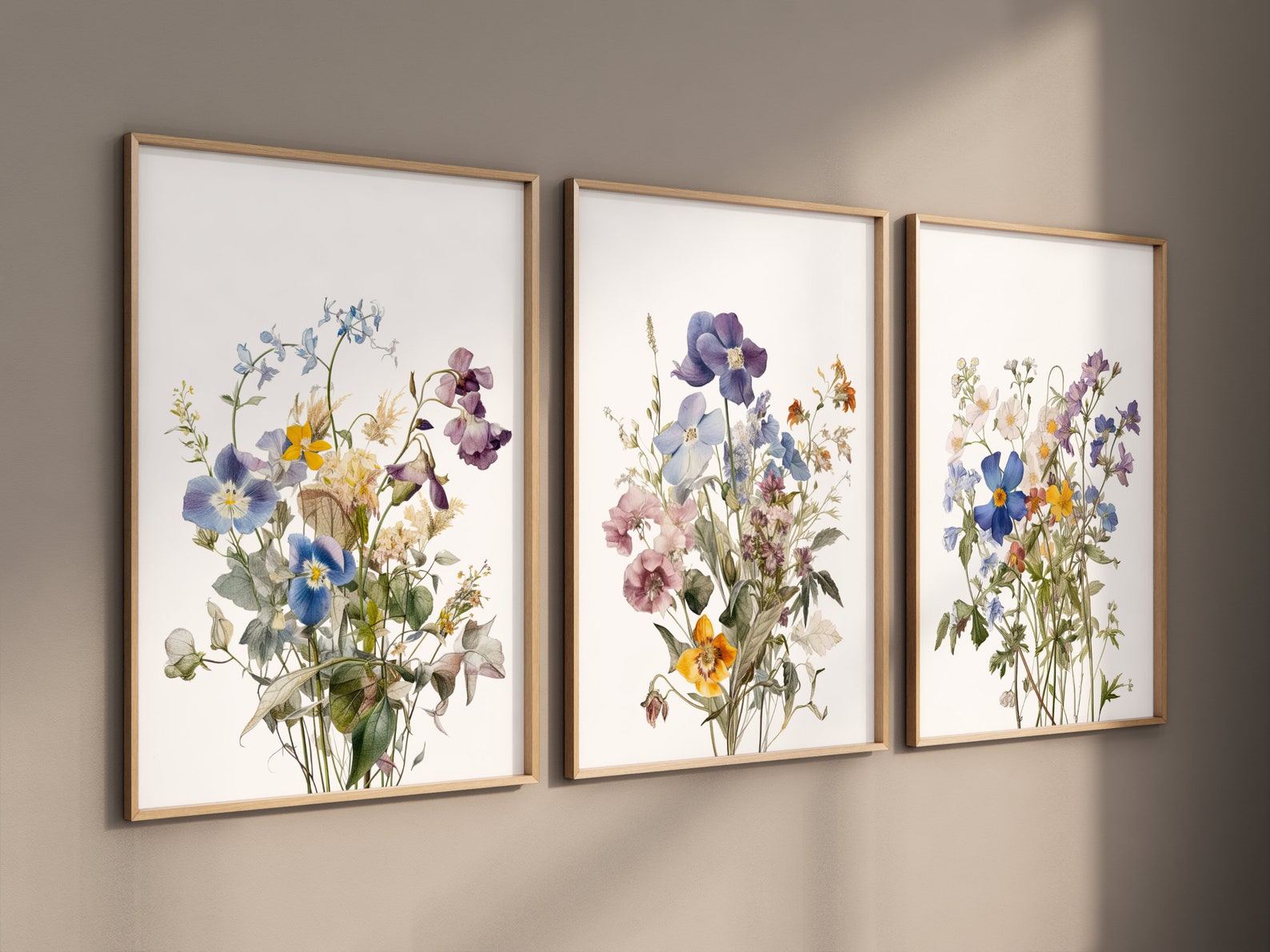 Set of 3 Wildflower Bouquets | Triptych Floral Wall Art | Pressed Dried ...