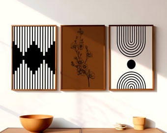 Juego de 3 impresiones bohemias de pared occidental / Decoración de pared con flores oscuras / Arte azteca del suroeste / Arte de pared de galería / Descarga digital / Arte de pared imprimible