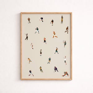 May include: A framed wall art print featuring a light beige background with numerous small, stylized illustrations of athletes engaged in various sports, including soccer, basketball, golf, baseball, and tennis, depicted in muted earth tones.