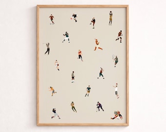 Tiny Male Sports Players Print | Retro Minimalist People Art Gift for Baseball Dad Grandpa Vertical Office Wall Decor Matte Physical Print