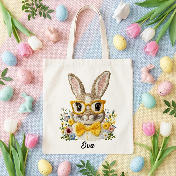 Custom Floral Easter Bunny Faux Embroidery Canvas Tote Bag | Personalized Easter Egg Hunt Bucket Girl Bunny Bag for Kids Gift Toddler Basket