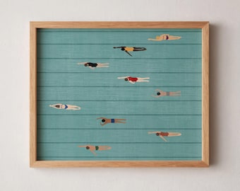 People Swimming in the Pool | Summer Wall Poster | Tiny People Swimming | Pool House Art | Beach House Decor | Unframed Physical Art Print