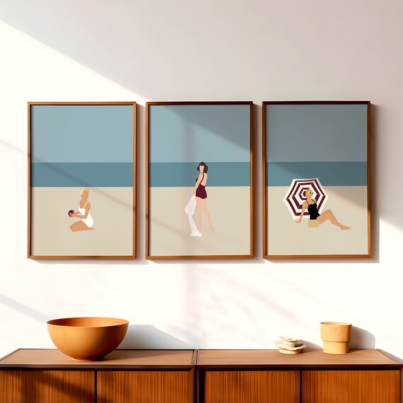 Set of 3 Retro Beach People Prints | Minimalist Tiny People | Vintage Beach Art | Beach House Decor | Gallery Wall Art | Digital Download