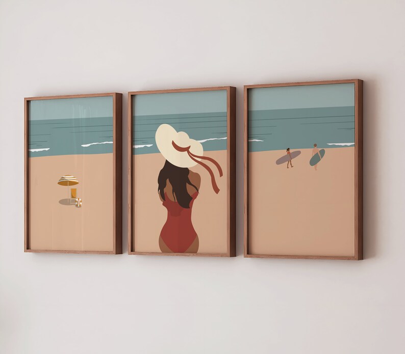 May include: Three framed illustrations of a beach scene. The leftmost illustration shows a beach umbrella and a glass of orange juice. The middle illustration shows a woman in a red swimsuit and a white sun hat. The rightmost illustration shows two people surfing.