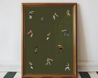 Impresión de pequeños jugadores de críquet / Arte minimalista retro para personas, regalo para papá, abuelo y críquet, decoración vertical de oficina, descarga digital imprimible