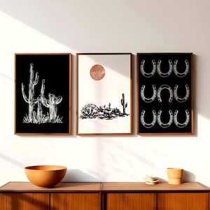 Set of 3 Cowboy Western Wall Prints | Black and White Southwest Decor | Minimalist Gallery Wall Art | Cactus Landscape Digital Download Art