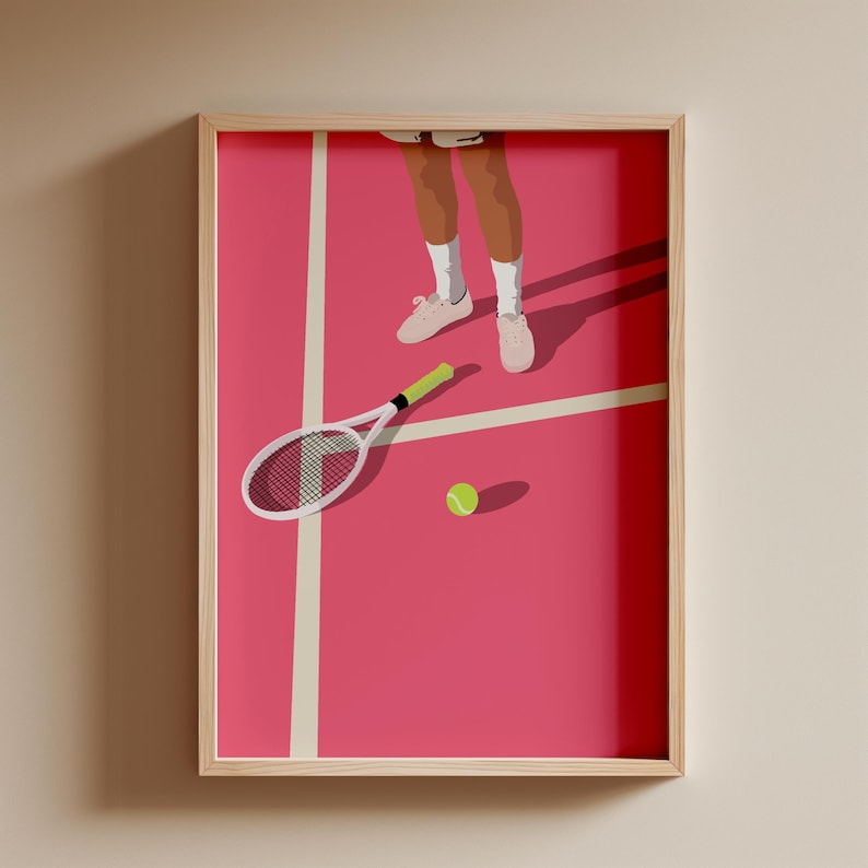 May include: A pink tennis court with a white tennis racket and a yellow tennis ball. A person's legs and feet are visible in the top of the image.
