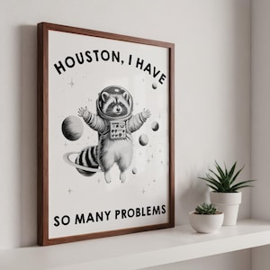 May include: A framed wall art print featuring a black and white illustration of a raccoon wearing a space helmet and suit, floating among planets and stars. The text reads HOUSTON, I HAVE SO MANY PROBLEMS in bold black capital letters.