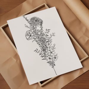 May include: A black and white line drawing of a bouquet of flowers. The bouquet includes carnations, chrysanthemums, and other flowers.