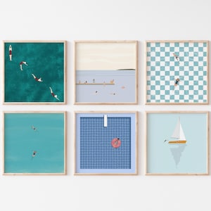 K&ouml;nnte beinhalten: Ein Set aus sechs gerahmten Drucken mit verschiedenen Sommerszenen, darunter Schwimmer in einem t&uuml;rkisblauen Meer, ein Schachbrett-Pool, ein Segelboot auf dem Wasser und eine Person, die auf einem rosa aufblasbaren Ring in einem blau gekachelten Pool treibt.