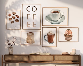 Set of 6 Coffee Bar Prints | Watercolor Food Art | Coffee House Decor | Caffeine Lover Gift | Kitchen Wall Art | Digital Download