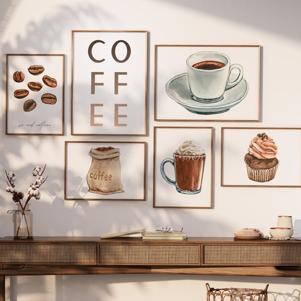 Set of 6 Coffee Bar Prints | Watercolor Food Art | Coffee House Decor | Caffeine Lover Gift | Kitchen Wall Art | Digital Download