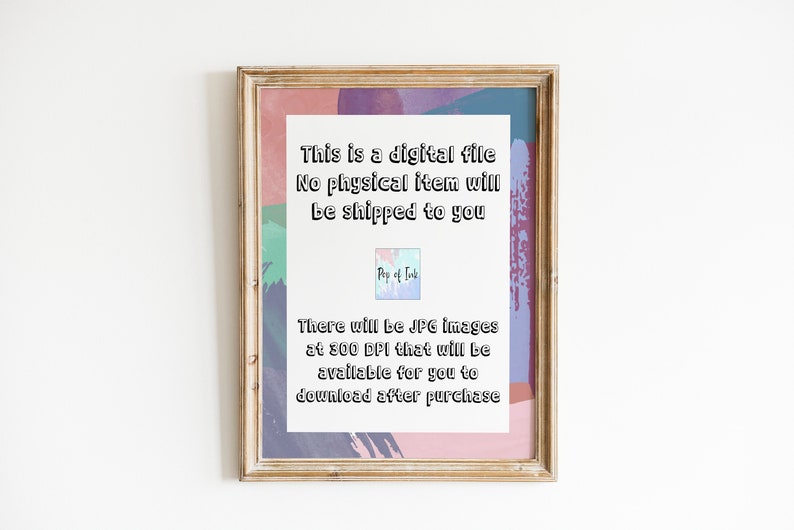 K&ouml;nnte beinhalten: Ein gerahmter Hinweis auf einen digitalen Download mit einem bunten abstrakten Hintergrund. Der Text lautet: "Dies ist eine digitale Datei. Es wird kein physischer Artikel an Sie versandt. Es werden JPG-Bilder mit 300 DPI verf&uuml;gbar sein, die Sie nach dem Kauf herunterladen k&ouml;nnen."