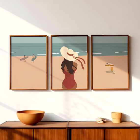 Set of 3 Beach People Prints | Minimalist Tiny People | Vintage Beach Art | Beach House Decor | Gallery Wall Art Set | Digital Download Art