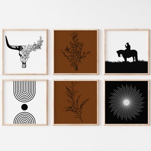 May include: Set of six framed prints with black and white illustrations on a white background. The prints feature a bull skull with flowers, a floral bouquet, a cowboy riding a horse, a geometric design with a circle, a floral branch, and a sunburst.
