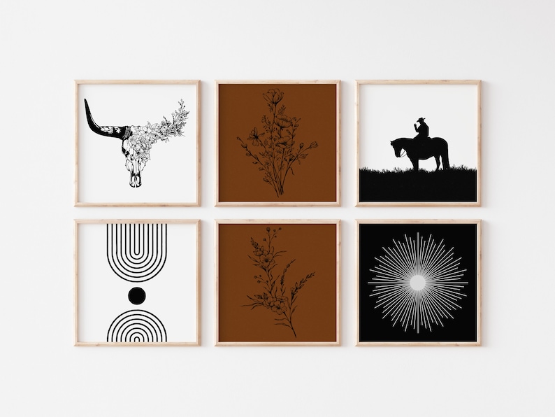 May include: Set of six framed prints with black and white illustrations on a white background. The prints feature a bull skull with flowers, a floral bouquet, a cowboy riding a horse, a geometric design with a circle, a floral branch, and a sunburst.