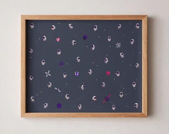 Tiny Astronauts Print | Minimalist Space People Art Cute Toddler Kid Room Decor Space Nursery Gift for Space Lover Unframed Physical Print