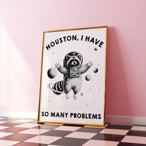 May include: A framed poster featuring a black and white illustration of a raccoon wearing a space helmet and suit, floating among planets and stars. The text reads HOUSTON, I HAVE SO MANY PROBLEMS in bold black capital letters at the top and bottom.