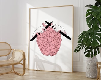 Knitting a Brain Print | Mental Health Art | Cute Wall Art | Digital Download | Printable Wall Art