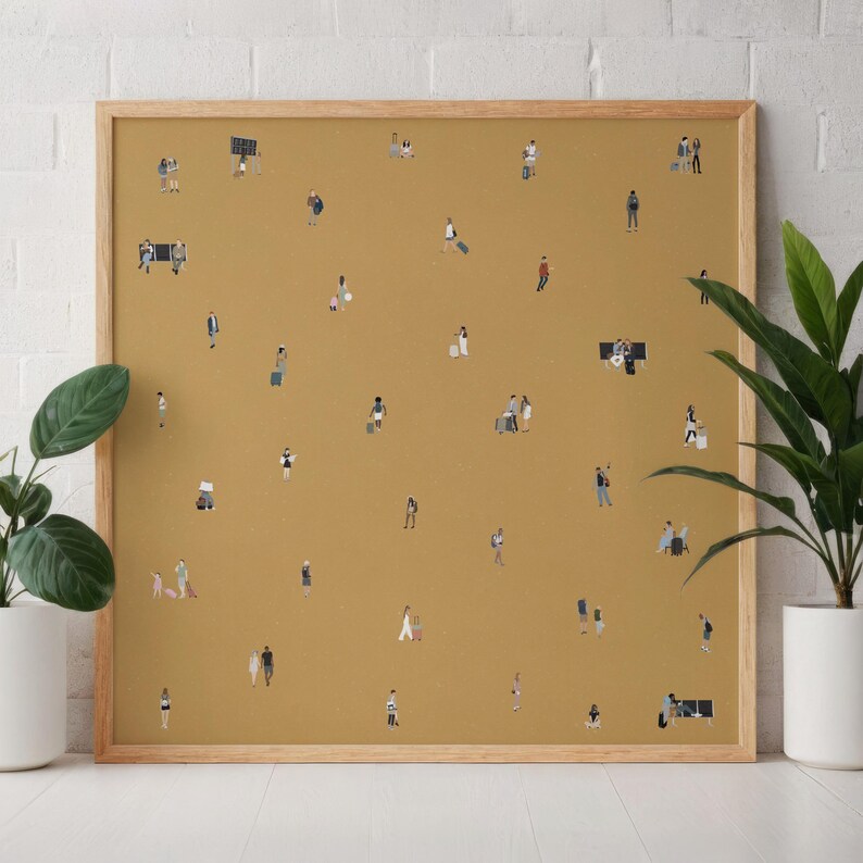 May include: A framed print featuring a mustard-colored background with numerous tiny figures of people. The figures are dressed in various outfits and are carrying luggage, suggesting a travel theme. The frame is made of light-colored wood.