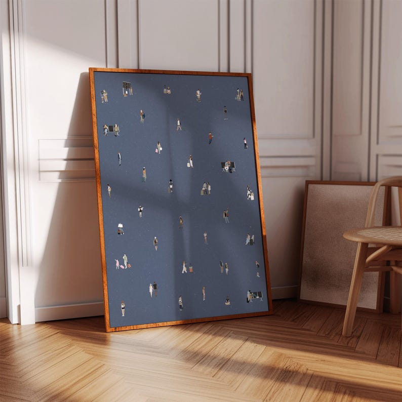 May include: A rectangular framed wall art piece featuring a dark blue background populated with numerous small, illustrated figures of people in various poses, some walking, standing, or carrying luggage, all enclosed in a simple wooden frame.