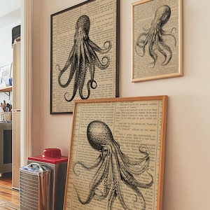 Set of 3 Vintage Octopus on Newspaper Prints | Triptych Wall Art Antique Underwater Animal Poster | Unique Office Decor Digital Download Art