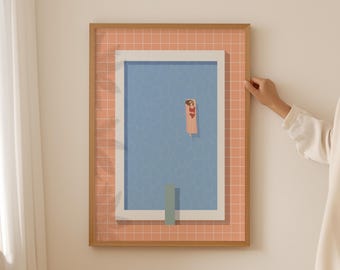 Swimmer Floating Retro Pool Print | Minimalist Pink Pool Art | Vintage Summer Poster | Tiny People Swim | Digital Download | Printable Art