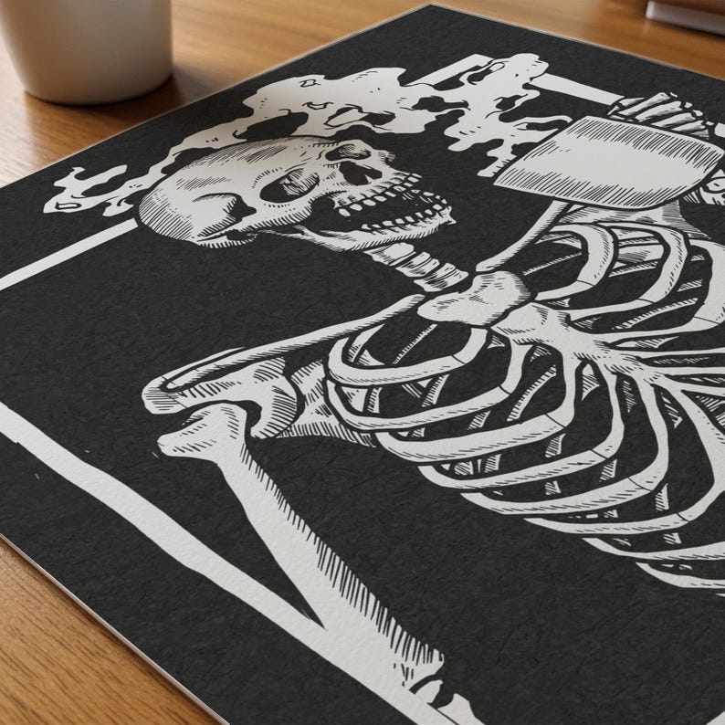 Skeleton Drinking Coffee | Staying Alive | Dark Humor Funny Phrase Poster | Coffee Lover House Gift | Human Anatomy Art | Digital Download image 6