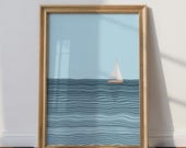 Tiny Sailboat Ocean Print Minimalist Seascape Ocean Bathroom Art Serene Nautical Ocean Poster Calm Coastal Beach House Decor DigitalDownload