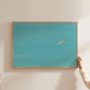 Girl Floating in Pool | Horizontal Tiny Swimming People Wall Art | Minimalist Pool Print | Beach Art | Printable Wall Art | Digital Download
