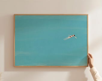Dziewczynka pływająca w basenie | Pozioma, mała, pływająca grafika ścienna | Minimalistyczny nadruk na basenie | Sztuka plażowa | Grafika ścienna do druku | Pobieranie cyfrowe