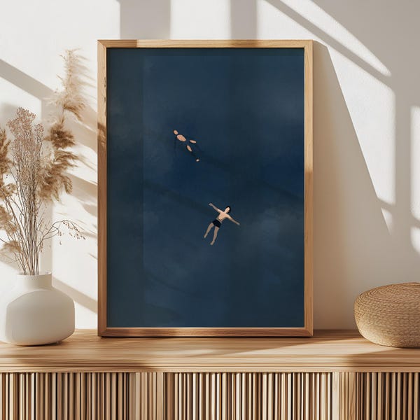 Men Floating in Ocean Print | Minimalist Swimming Pool Art | Dark Moody Art | Summer Beach Poster | Digital Download | Printable Wall Art