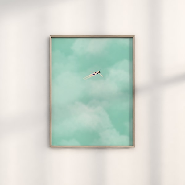 Woman Floating in Clouds | Swimming Pool Art | Summer Beach Poster | Digital Download | Printable Wall Art