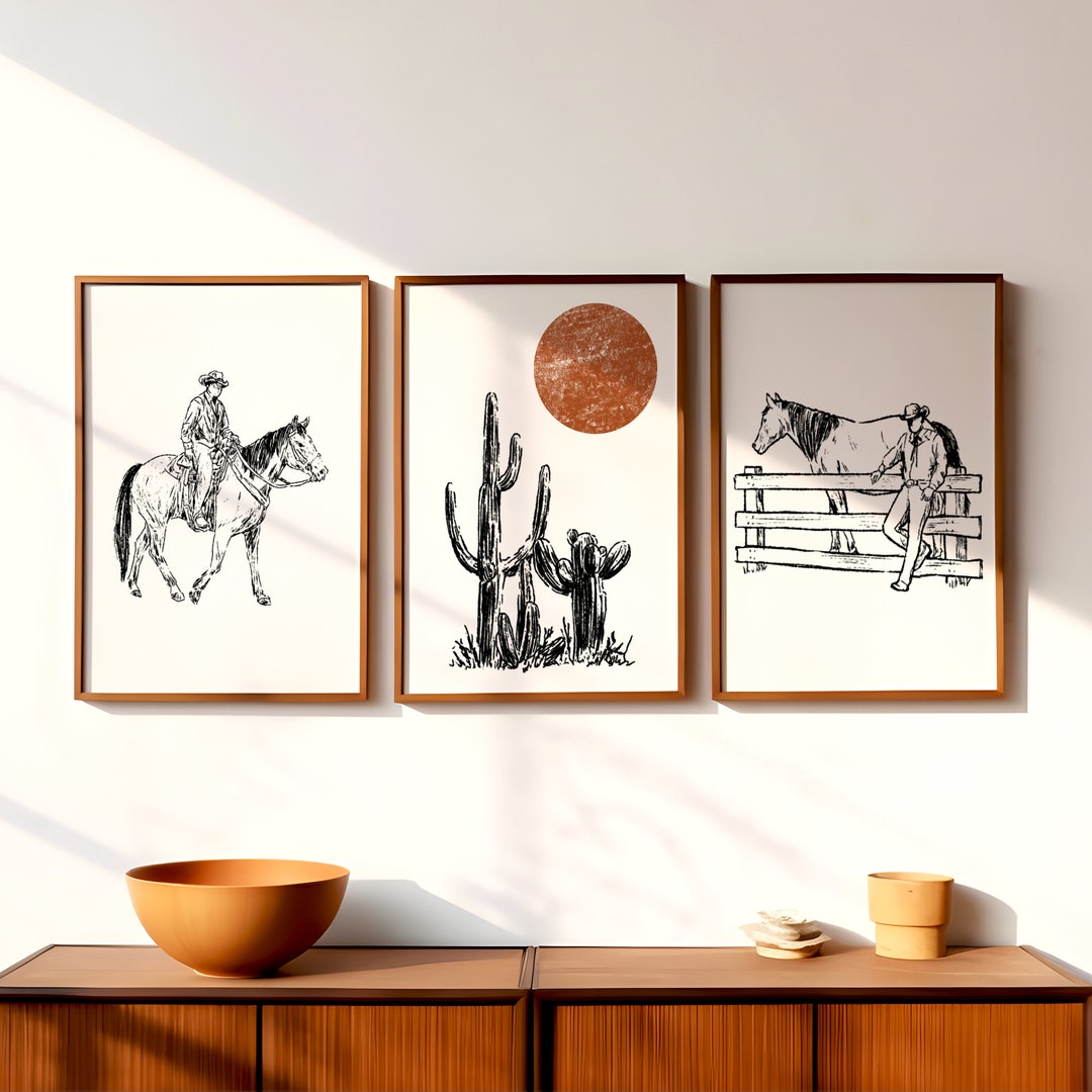 Set of 3 Cowboy Western Wall Prints | Black and White Southwest Decor ...